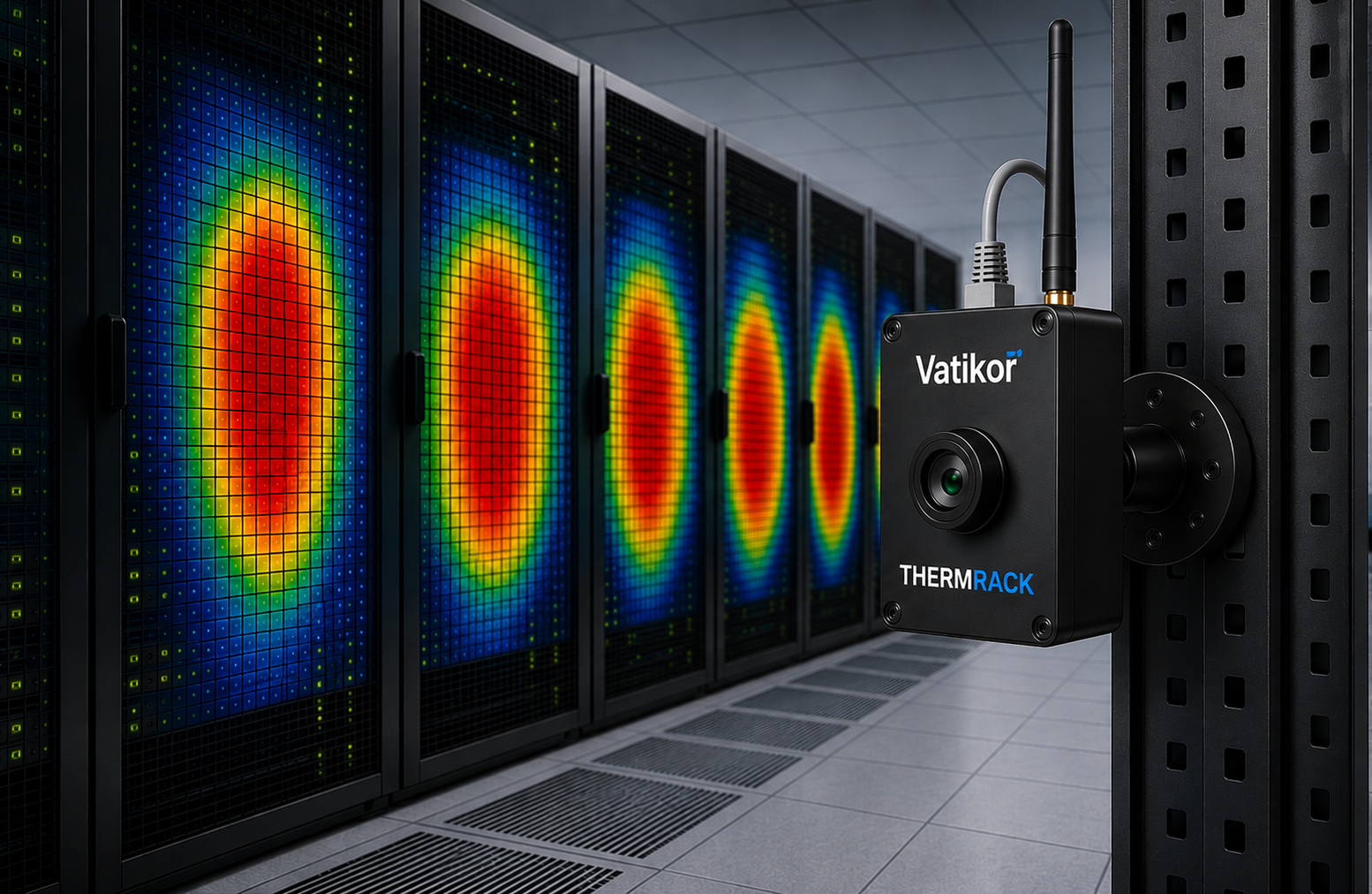 ThermRack thermal camera showing real-time heat maps across server rack row